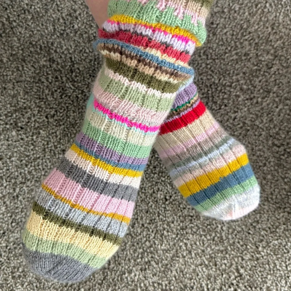 Women’s Scrappy Wool Socks Rainbow Striped Hand Knit - Picture 4 of 7